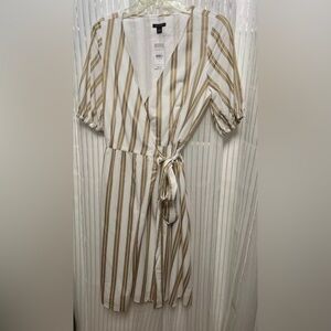 “Ann Taylor” Designer Dress SZ: (S) Wrap Dress NWT Beige & Ivory Striped